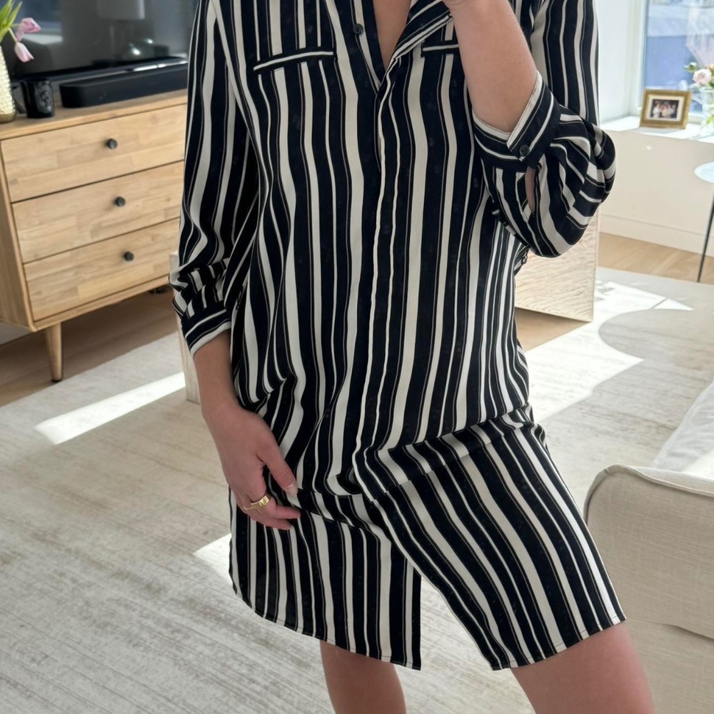 Ann Taylor silk black and white striped shirt dress